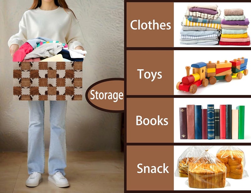 BOOHIT Checkered Kids Toy Basket Collapse Storage Bin with Handles Canvas Cow Fur Print Home Decor(Brown White) - Image 4